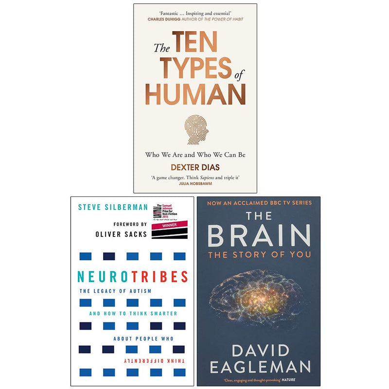 Set of three paperback non-fiction books by Dexter Dias, including The Ten Types of Human, Neurotribes, and The Brain The Story Of You.