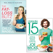 Set of two paperback books, "Fat-Loss Blitz & Lean in 15" by Chloe Madeley and Joe Wicks, featuring fitness and weight loss tips.