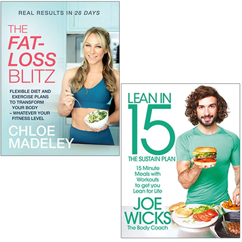 Set of two paperback books, "Fat-Loss Blitz & Lean in 15" by Chloe Madeley and Joe Wicks, featuring fitness and weight loss tips.