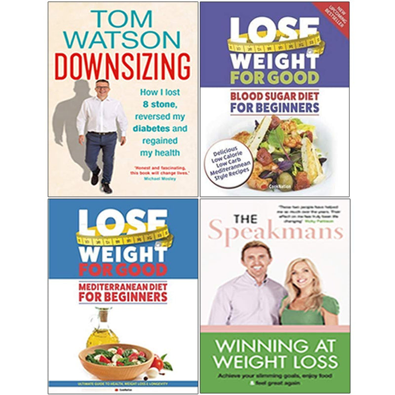 Set of four nonfiction books on downsizing, Mediterranean diet, blood sugar control, by Tom Watson, Eva Speakman, and Iota Publishing.