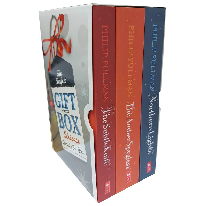 Set of three paperback His Dark Materials books by Philip Pullman, fiction collection with colorful covers, published by Scholastic.