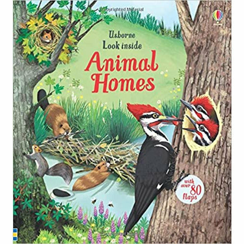 Open copy of "Look Inside Animal Homes" by Emily Bone, a non-fiction paperback book about animal habitats, published by Usborne.