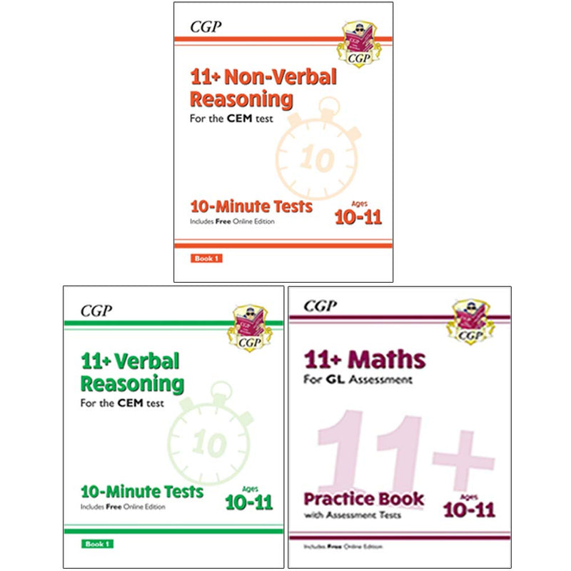 CGP CEM 11+ 10-Minute Tests Verbal, Non Verbal Reasoning, Maths Practice Book 3 Books Collection Set - The Book Bundle
