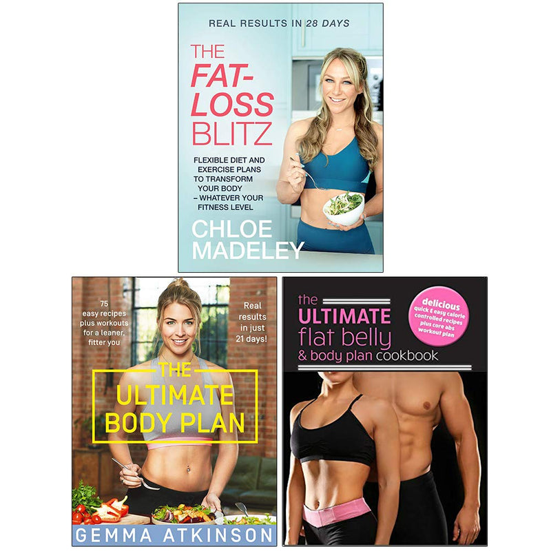 Collection of three paperback books by Chloe Madeley and Gemma Atkinson, including fat loss, body plan, and flat belly recipes.