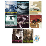 Vintage Classics 8-book collection set by Ernest Hemingway featuring classic fiction paperbacks on a bookshelf.