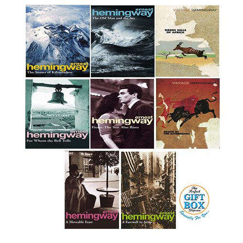 Vintage Classics 8-book collection set by Ernest Hemingway featuring classic fiction paperbacks on a bookshelf.