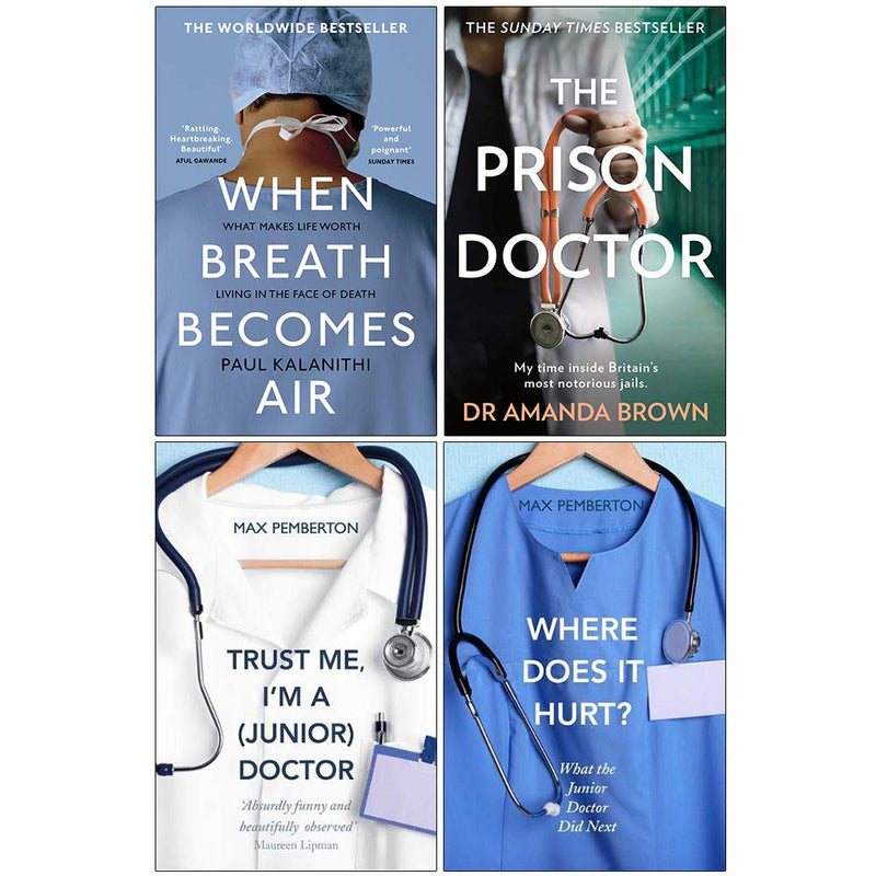 Collection of four non-fiction paperback books including "When Breath Becomes Air" and "Where Does It Hurt" by Max Pemberton and Nick Edwards.