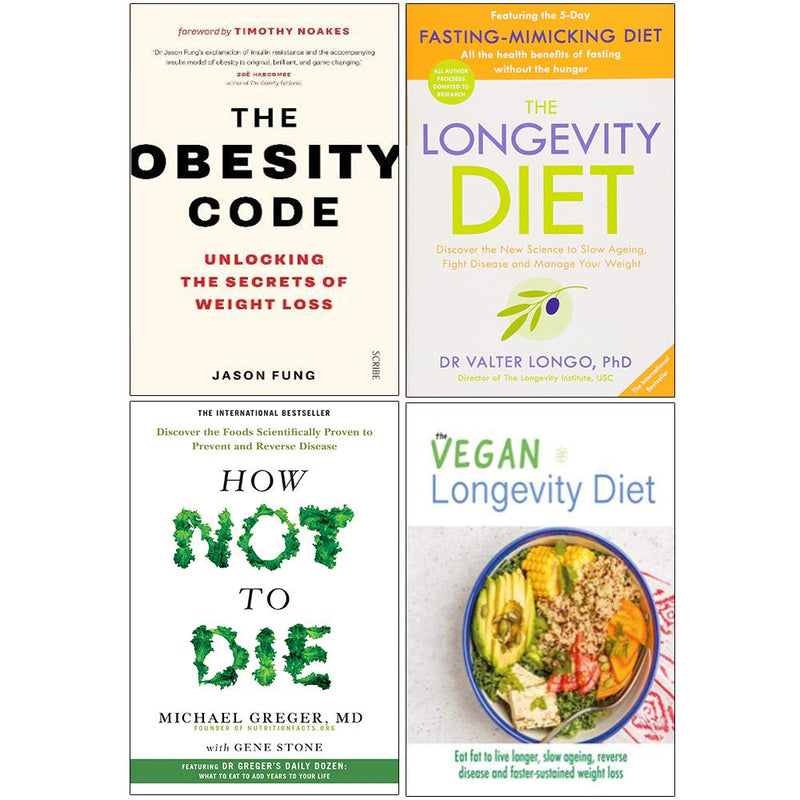 Collection of four non-fiction paperback books including "How Not to Die," "The Obesity Code," and "The Longevity Diet" by iOTA.