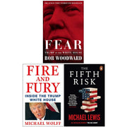 Collection of three non-fiction paperback books by Bob Woodward, Michael Wolff, and Michael Lewis on Trump White House and political risk
