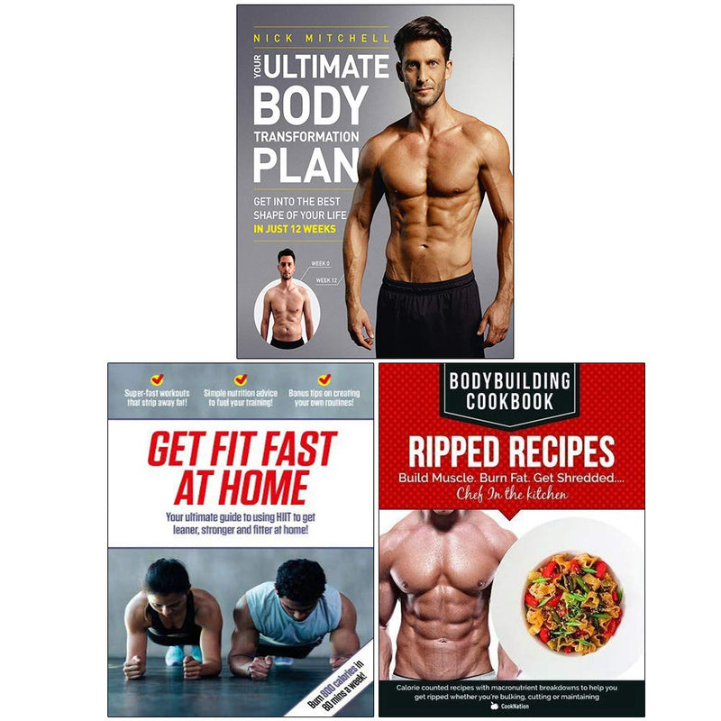 Set of three paperback fitness books by Nick Mitchell, including Your Body Transformation Plan and bodybuilding recipes.