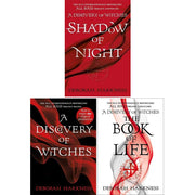 All Souls Trilogy by Deborah Harkness, three paperback fantasy books with cover art featuring mystical and gothic designs.