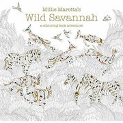 Open paperback coloring book featuring detailed illustrations of savannah animals by Millie Marotta from Wild Savannah series.