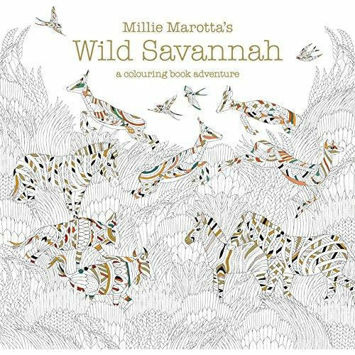Open paperback coloring book featuring detailed illustrations of savannah animals by Millie Marotta from Wild Savannah series.