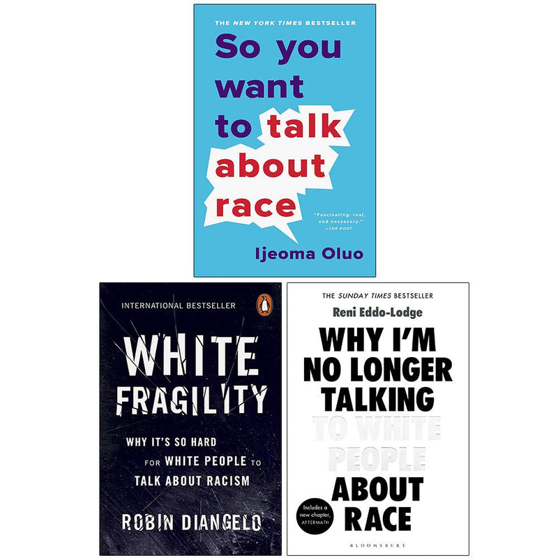 Three paperback non-fiction books by Ijeoma Oluo, including "So You Want to Talk About Race" and "White Fragility" in a collection set.