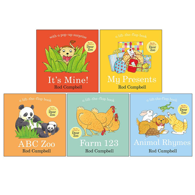 Set of five ABC Zoo and farm-themed board books for ages 0-2 by Rod Campbell, featuring colorful animal illustrations.