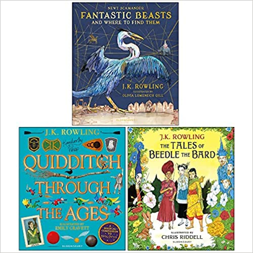 J.K. Rowling illustrated books set including Fantastic Beasts and Tales of Beedle the Bard, featuring colorful cover art.