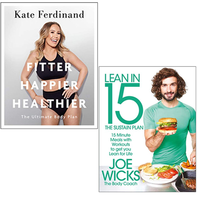 Set of two paperback books, "Fitter Happier & Lean in 15" by Kate Ferdinand and Joe Wicks, featuring health and fitness tips.