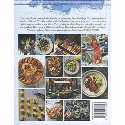 Hardcover of Rick Stein's Long Weekends featuring over 100 European weekend recipes, showcasing vibrant food images.