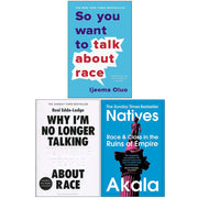 Three paperback non-fiction books by Ijeoma Oluo, Reni Eddo-Lodge, and Akala in a set about race, class, and empire.