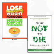 Paperback cookbook set featuring slow cooker soup recipes and health tips by Gene Stone and Dr. Michael Greger, published by Iota Publishing.