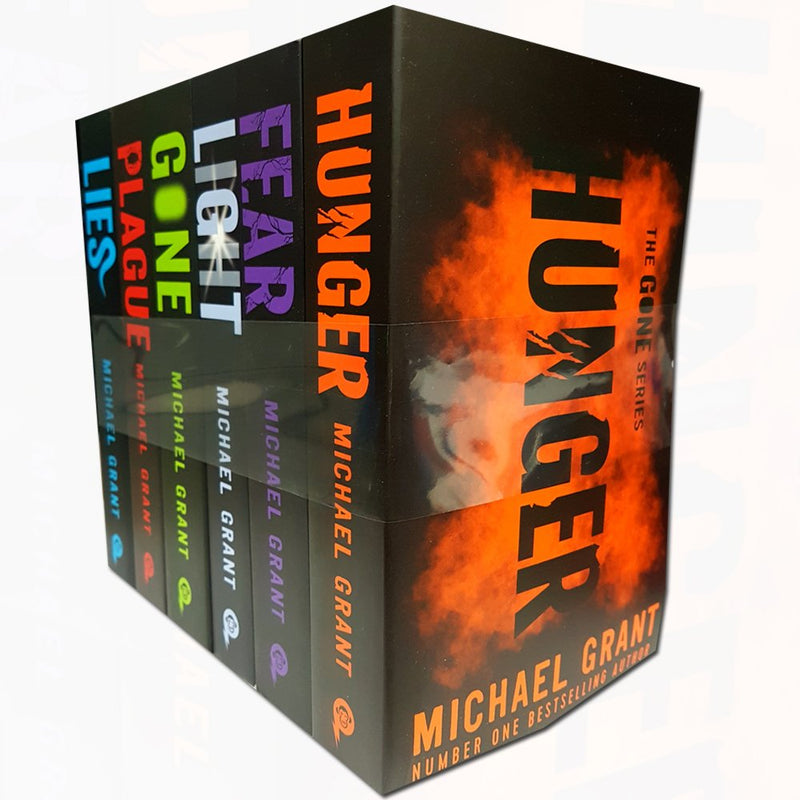 Collection of nine paperback fiction books by Michael Grant, including Fear, Gone, BZRK, and more, displayed together.
