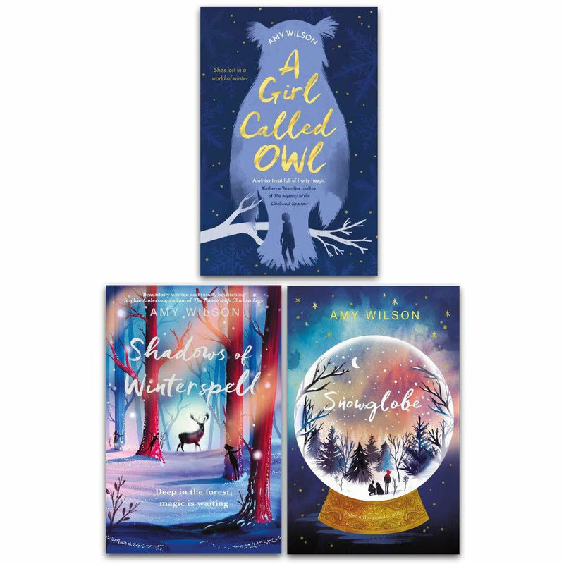 Set of three paperback fantasy books by Amy Wilson, including Snowglobe, Shadows of Winterspell, and A Girl Called Owl.