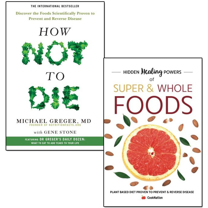 Two paperback books from the "How Not to Die" collection by Gene Stone and Dr. Michael Greger, focusing on superfoods and health.