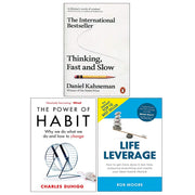 Collection of three non-fiction paperback books by Daniel Kahneman and Rob Moore on thinking, habits, and life leverage.