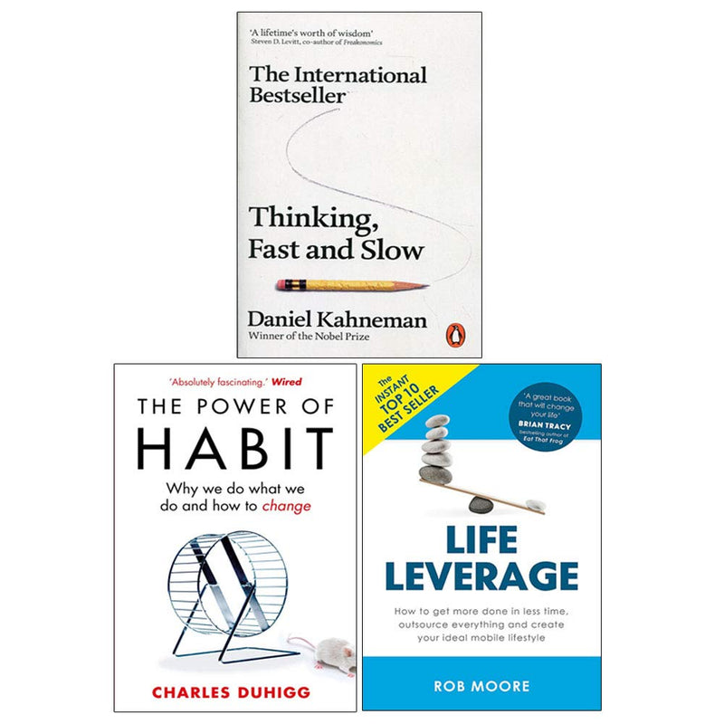 Collection of three non-fiction paperback books by Daniel Kahneman and Rob Moore on thinking, habits, and life leverage.