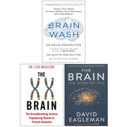 Set of three paperback books: "Brain Wash," "The XX Brain," and "The Story of You" by David Perlmutter, nonfiction collection.