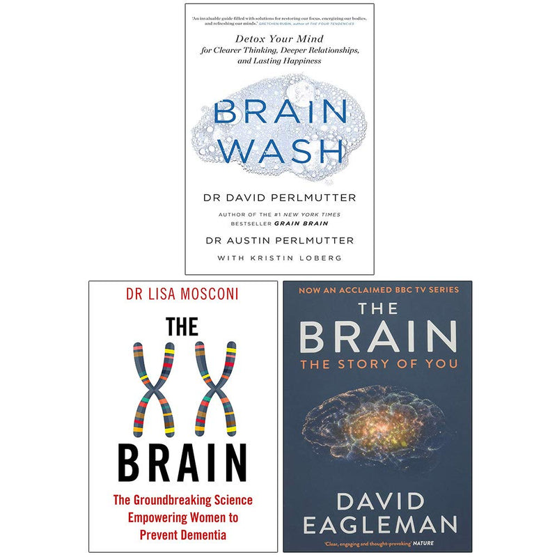 Set of three paperback books: "Brain Wash," "The XX Brain," and "The Story of You" by David Perlmutter, nonfiction collection.