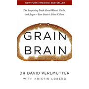 Set of three books by David Perlmutter including Grain Brain, The Grain Brain Whole Life Plan, and Brain Maker, with yellow covers.
