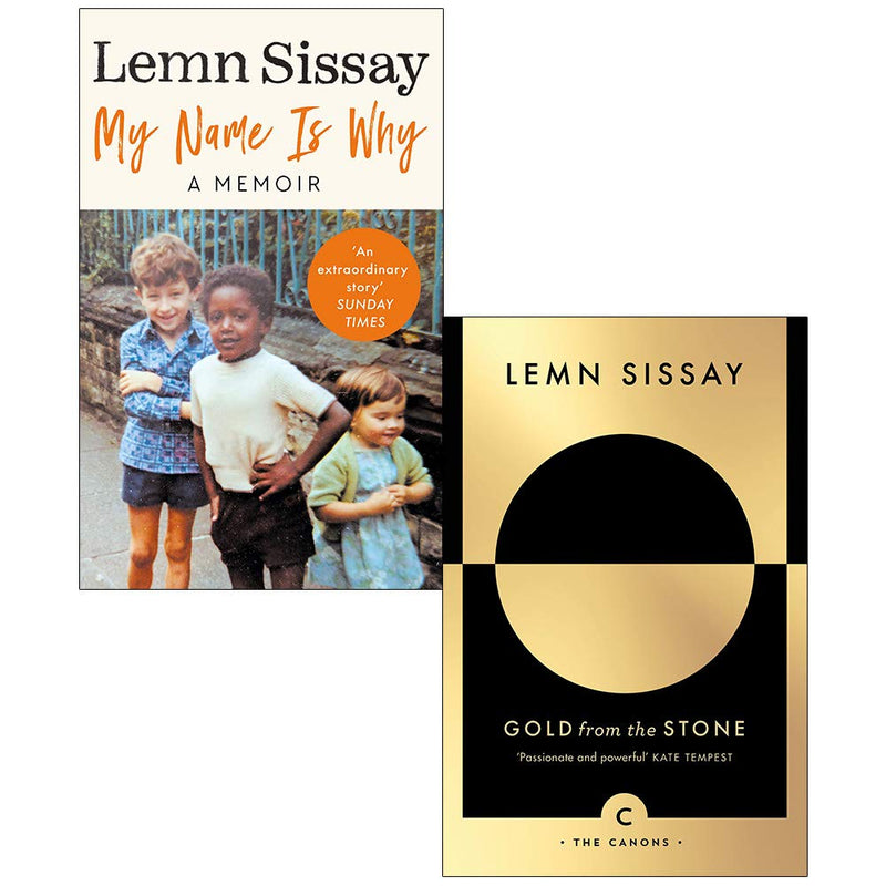 Two books from Lemn Sissay's "My Name Is Why" and "Gold from the Stone" collection by Canongate Books, featuring colorful cover art.
