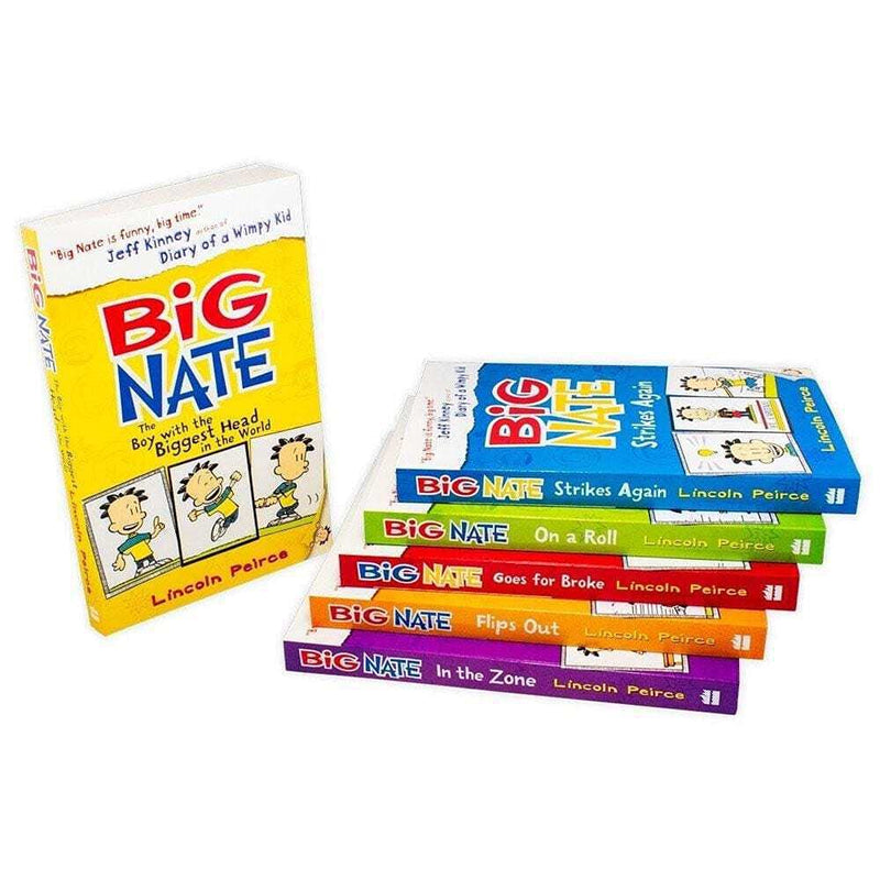 Six paperback Big Nate series books by Lincoln Peirce in a box set from HarperCollinsChildren’sBooks, displayed together.
