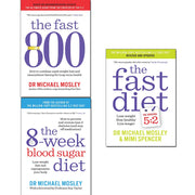 Set of three paperback books by Michael Mosley on The Fast 800, blood sugar diet, and fast diet, featuring colorful cover art.