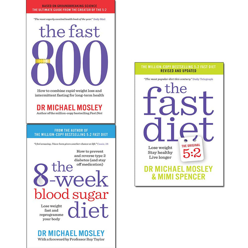 Set of three paperback books by Michael Mosley on The Fast 800, blood sugar diet, and fast diet, featuring colorful cover art.