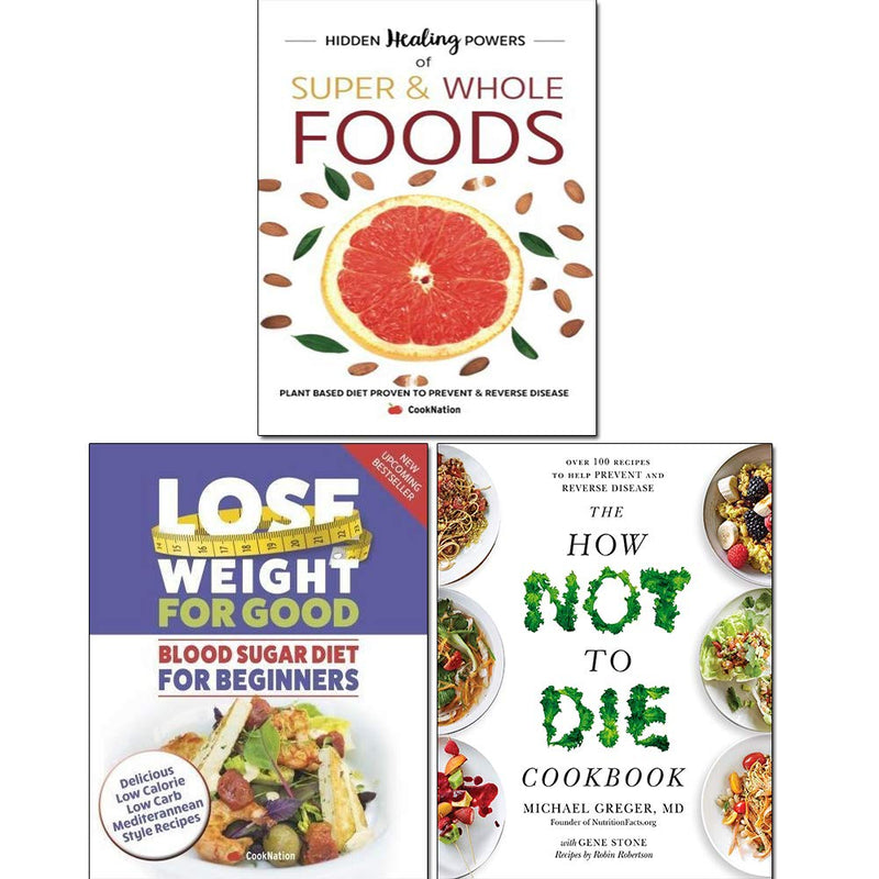 Set of three non-fiction books from the How Not to Die collection by Dr. Michael Greger, featuring colorful covers and titles.