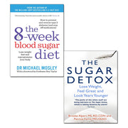 Two paperback books from the Michael Mosley 8-Week Blood Sugar Diet and Sugar Detox collection, featuring colorful cover designs.