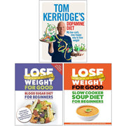 Tom Kerridge's Dopamine, Blood Sugar, and Soup Diet book set by Bloomsbury, featuring three non-fiction cookbooks in mixed format