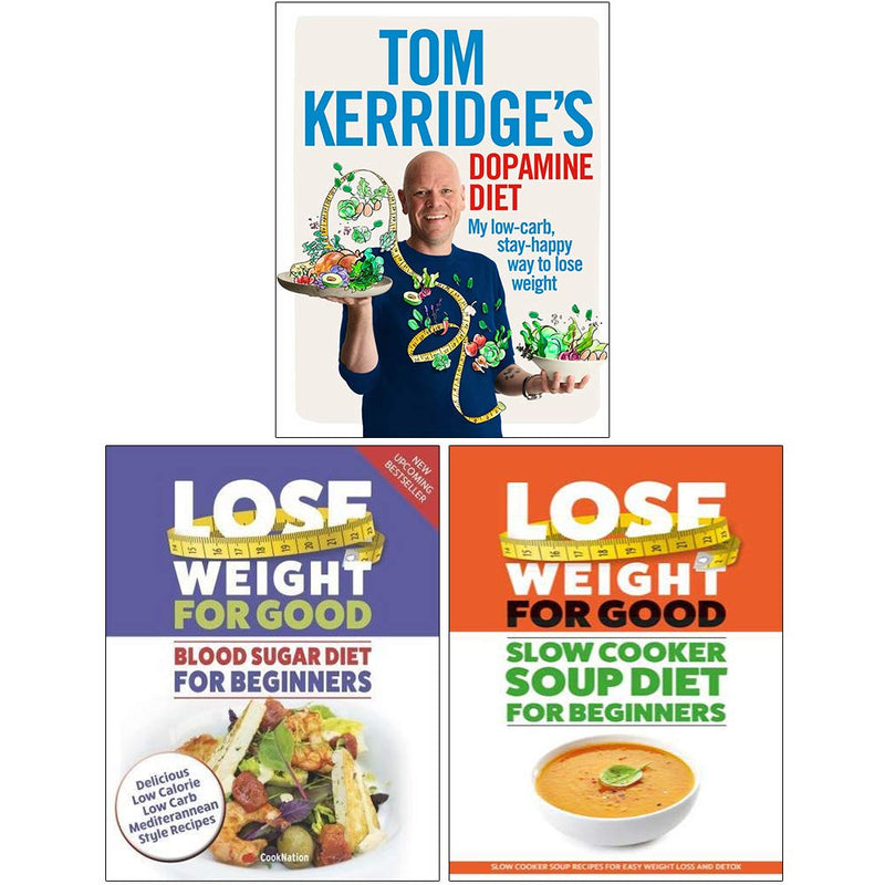 Tom Kerridge's Dopamine, Blood Sugar, and Soup Diet book set by Bloomsbury, featuring three non-fiction cookbooks in mixed format