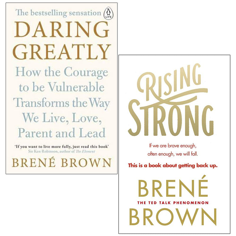 Two paperback books from Brené Brown's Daring Greatly and Rising Strong collection, featuring inspiring nonfiction by Penguin Life and Vermilion.