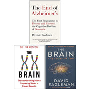 Set of three paperback non-fiction books on brain health by Dr. Dale Bredesen, Dr. Lisa Mosconi, and David Eagleman, including The End of Alzheimer’s.