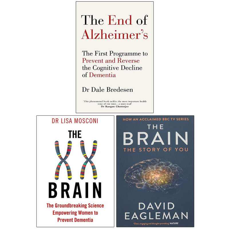 Set of three paperback non-fiction books on brain health by Dr. Dale Bredesen, Dr. Lisa Mosconi, and David Eagleman, including The End of Alzheimer’s.