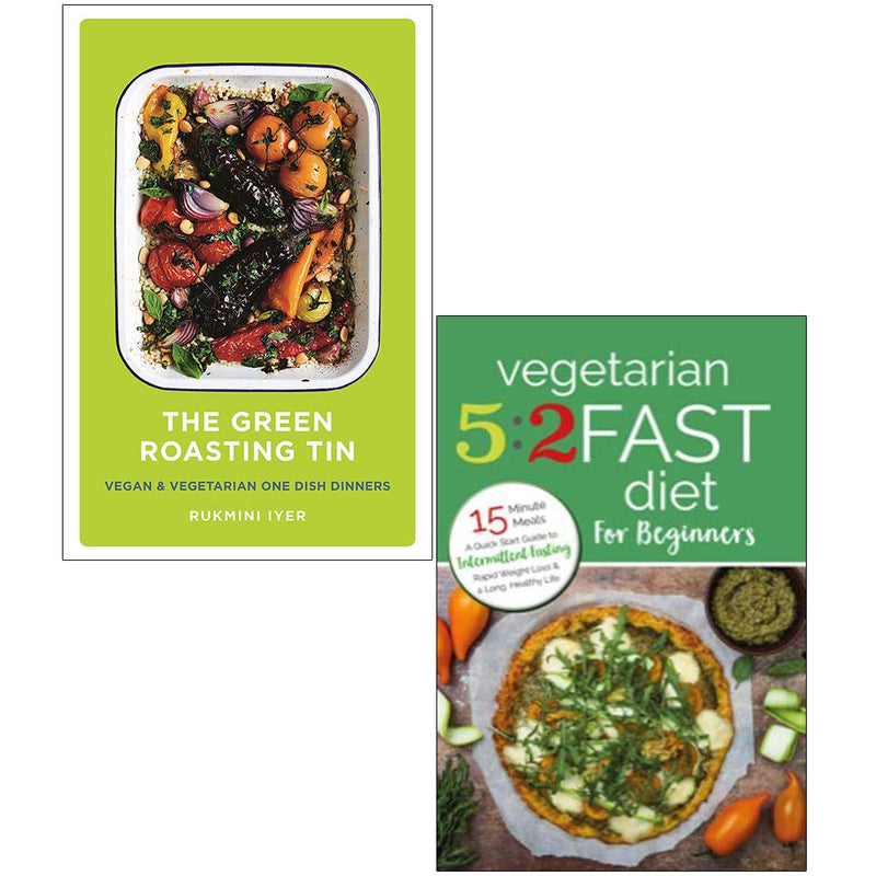Set of two vegetarian roasting tin books by Rukmini Iyer and Iota, featuring 5:2 fast diet recipes in a mixed format.