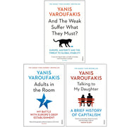 Vintage paperback set of Yanis Varoufakis' books: "And The Weak Suffer What They Must?", "Adults In The Room," and "Talking To My Daughter."