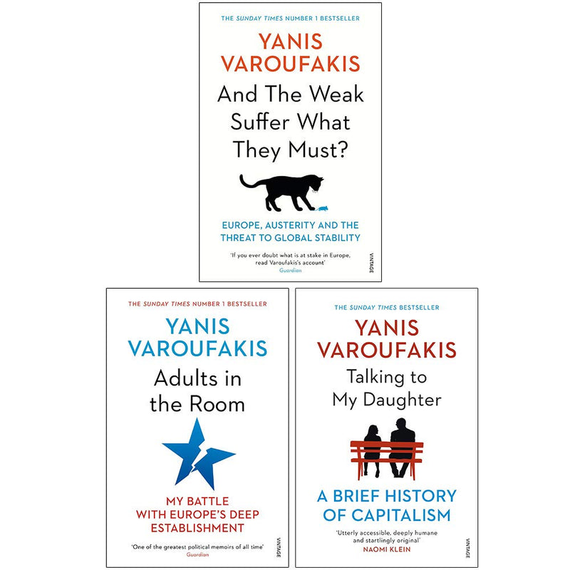Vintage paperback set of Yanis Varoufakis' books: "And The Weak Suffer What They Must?", "Adults In The Room," and "Talking To My Daughter."