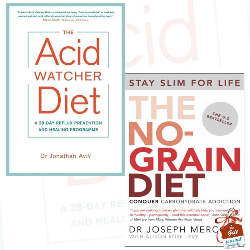 Paperback set of "Acid Watcher Diet" and "The No-Grain Diet" books by Dr. Jonathan Aviv and Dr. Joseph Mercola for healthy eating.