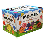 Collection of Mr Men and Little Miss paperback books by Roger Hargreaves, featuring colorful covers for children ages 5 to 7.