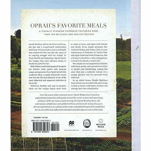 Hardcover book titled "Food, Health And Happiness" by Oprah Winfrey featuring 115 healthy recipes, published by Macmillan.