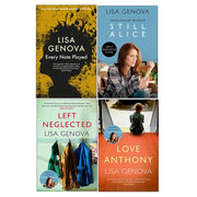 Four paperback fiction books by Lisa Genova including Every Note Played, Still Alice, Left Neglected, and Love Anthony.